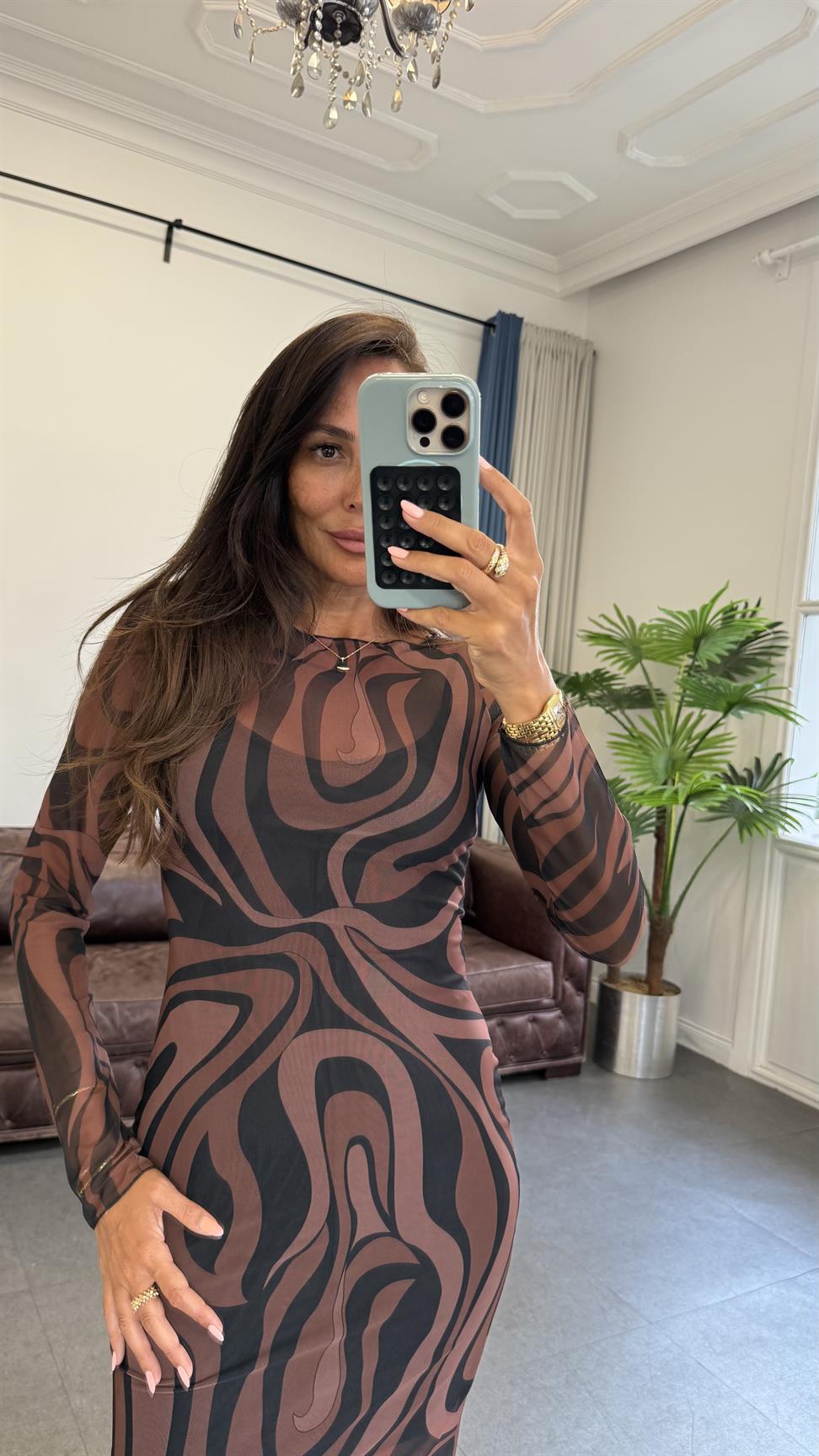 Kahve İbiza Desenli Tül Plaj Elbisesi