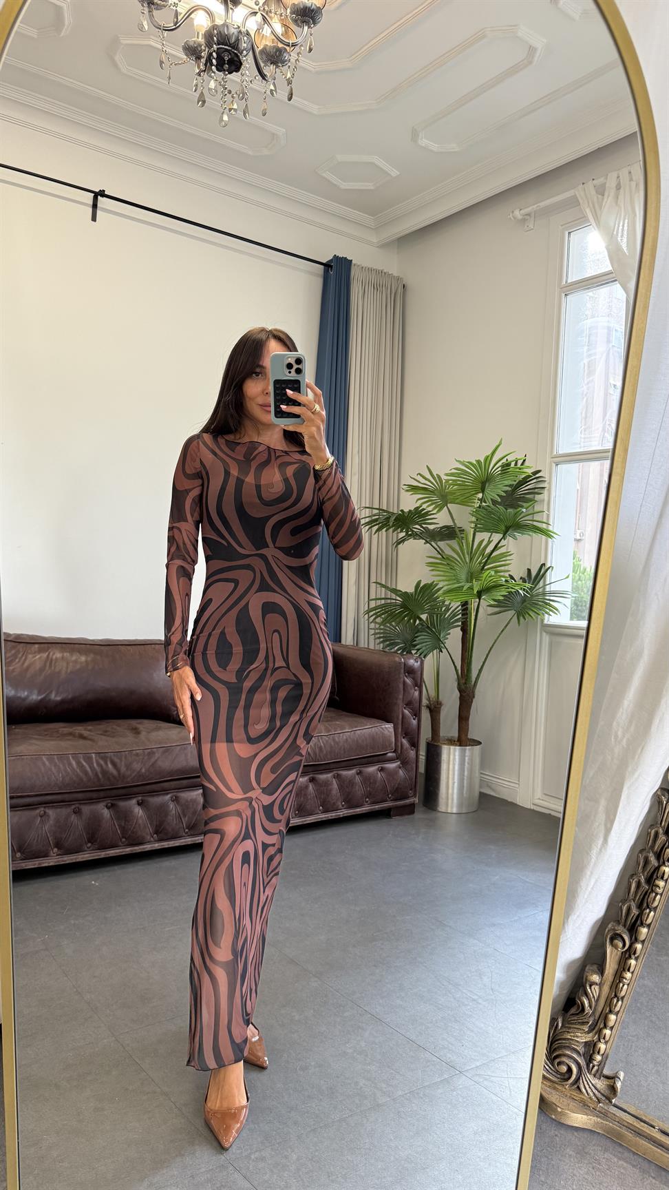 Kahve İbiza Desenli Tül Plaj Elbisesi