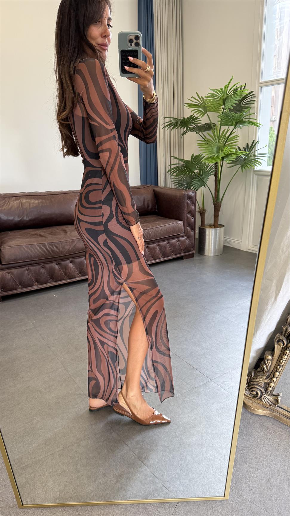 Kahve İbiza Desenli Tül Plaj Elbisesi