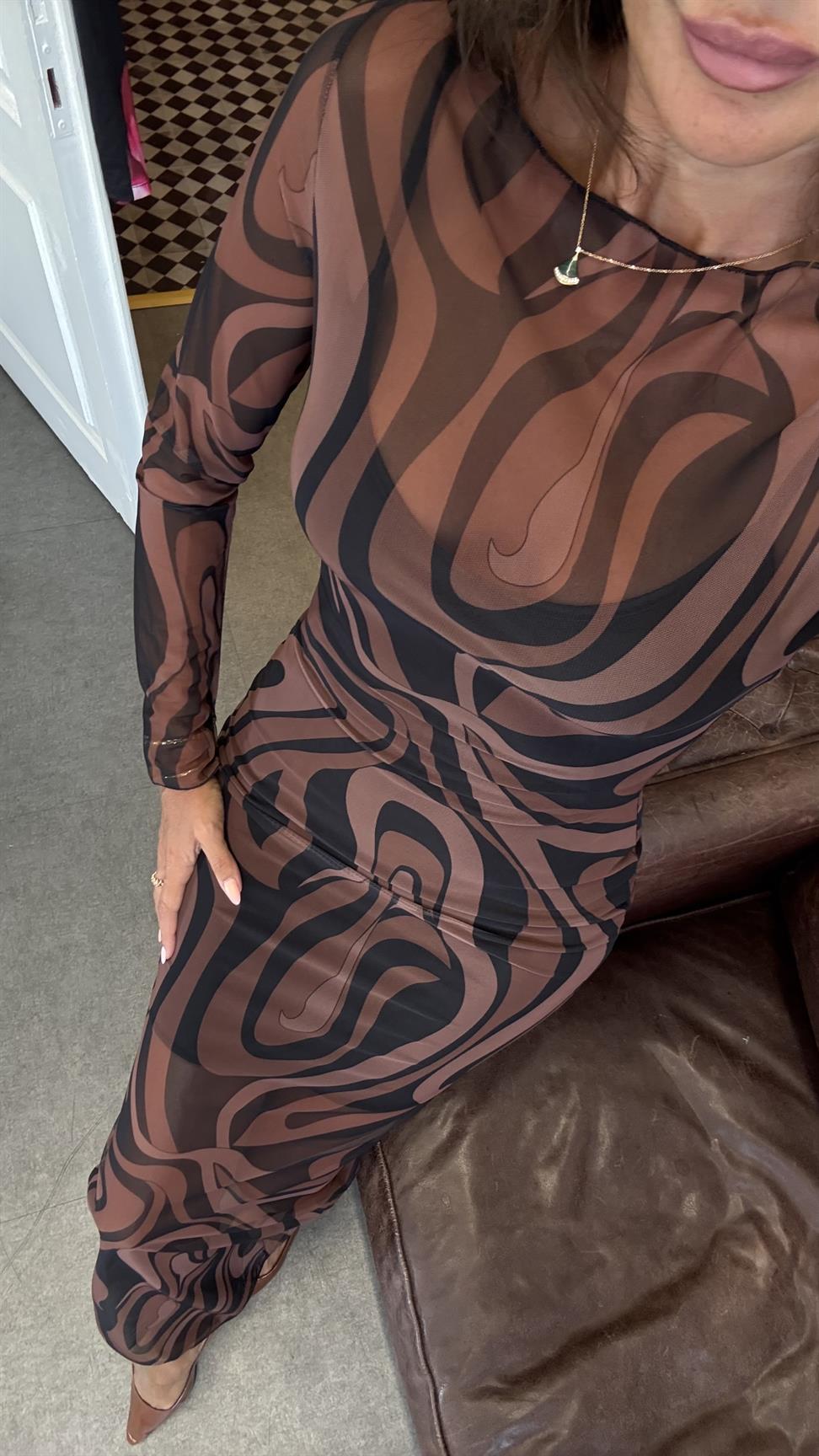 Kahve İbiza Desenli Tül Plaj Elbisesi