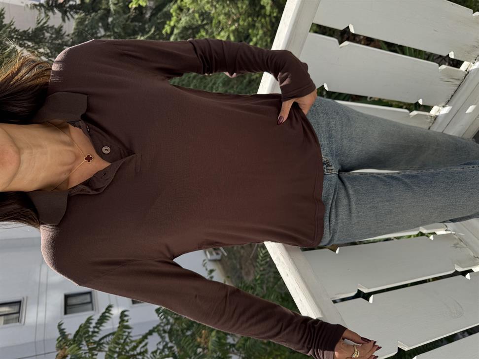 Kahve İnce Doku Polo Yaka Bluz