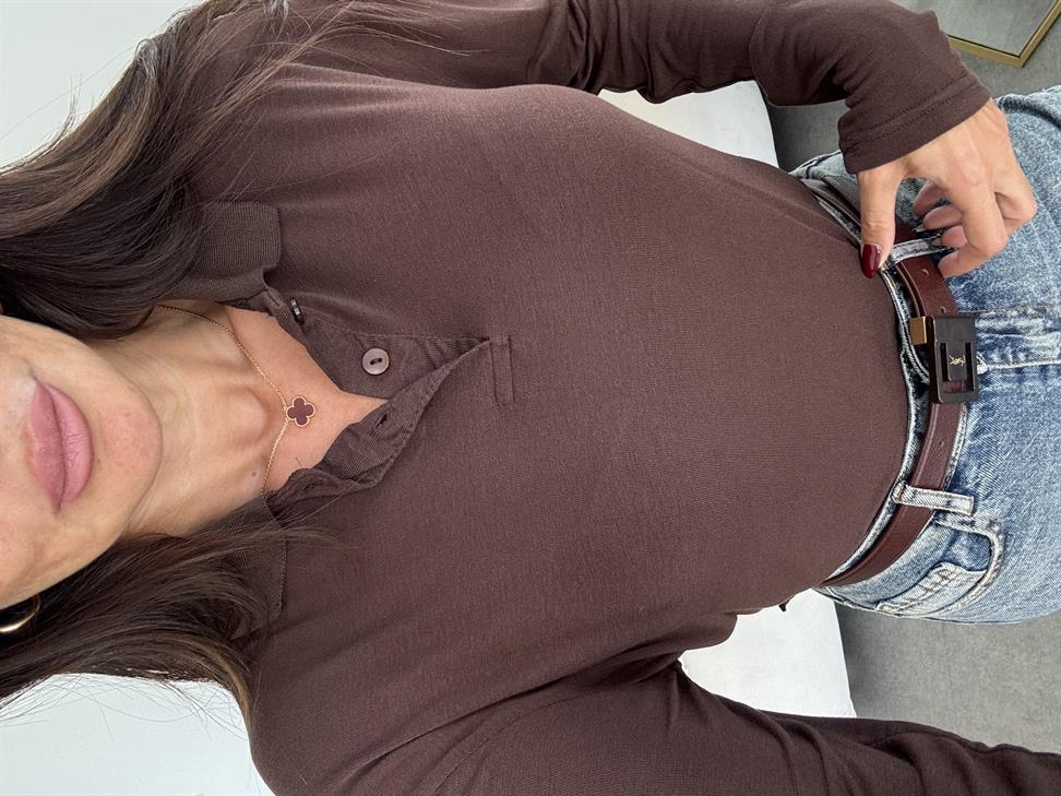 Kahve İnce Doku Polo Yaka Bluz