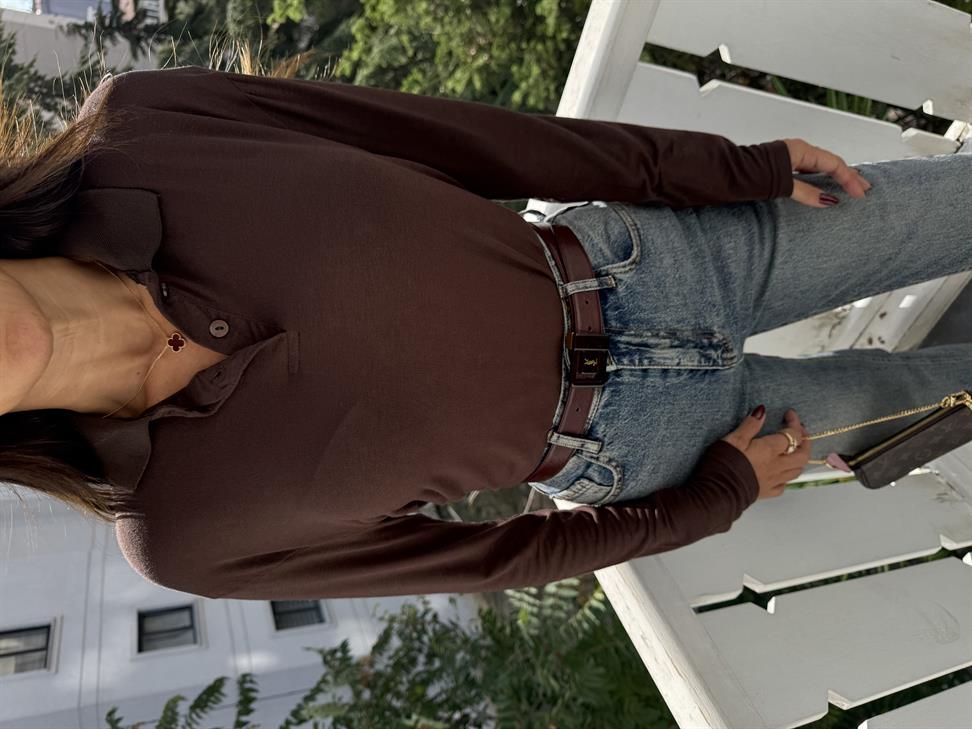 Kahve İnce Doku Polo Yaka Bluz