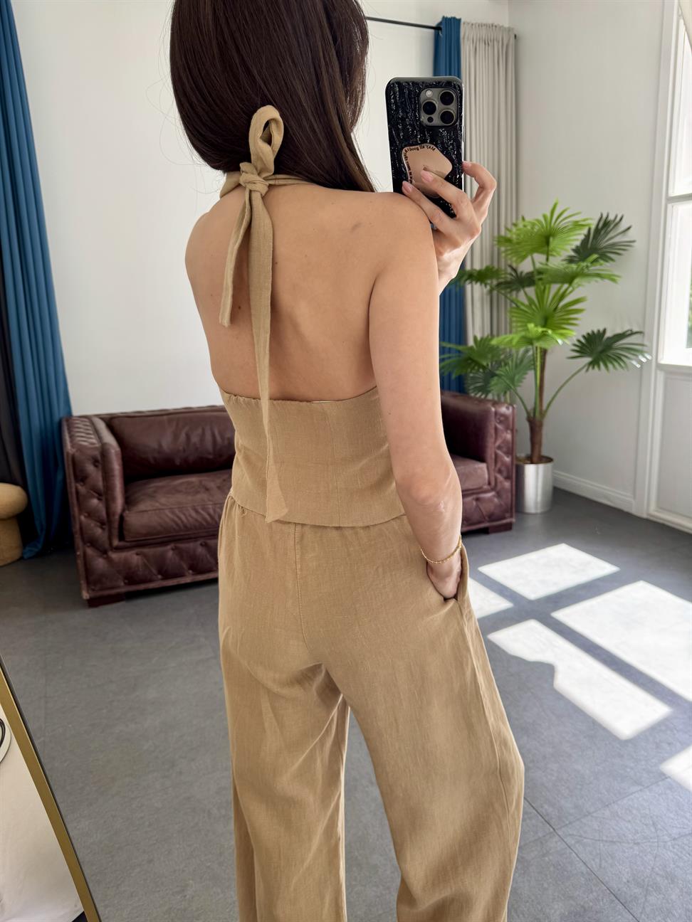 Kahve Keten Boyundan Bağlamalı Yelek