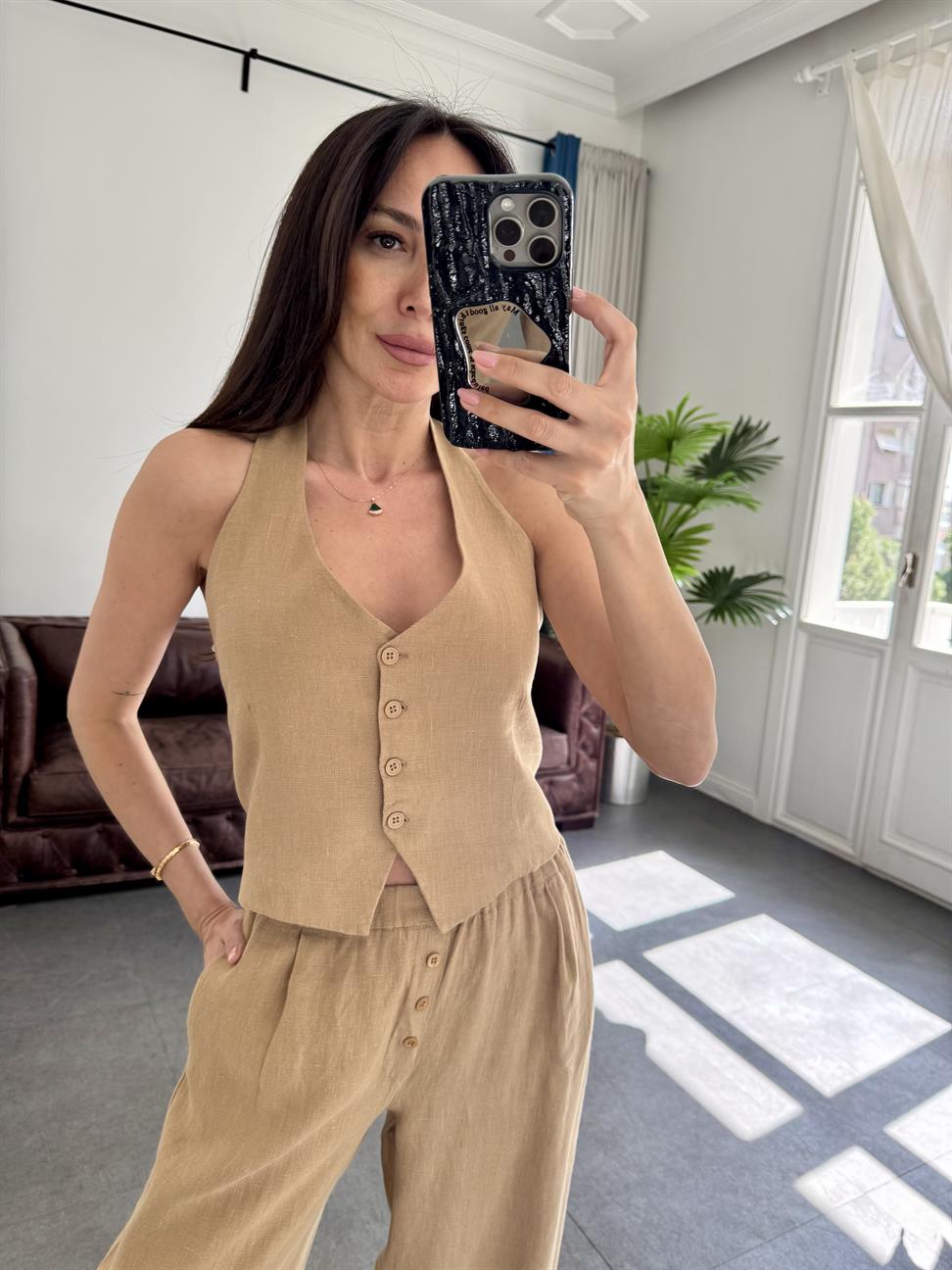 Kahve Keten Boyundan Bağlamalı Yelek