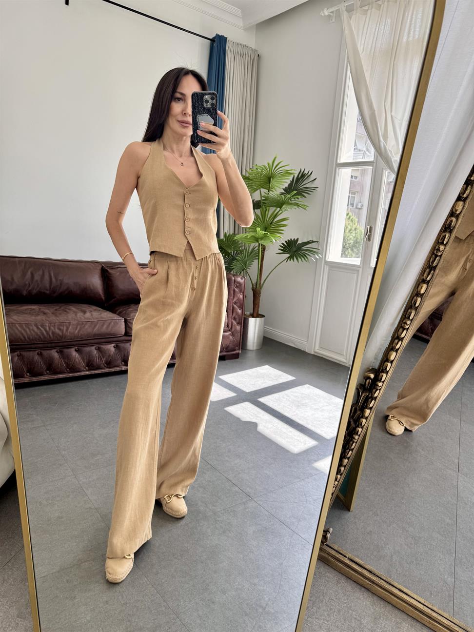 Kahve Keten Boyundan Bağlamalı Yelek