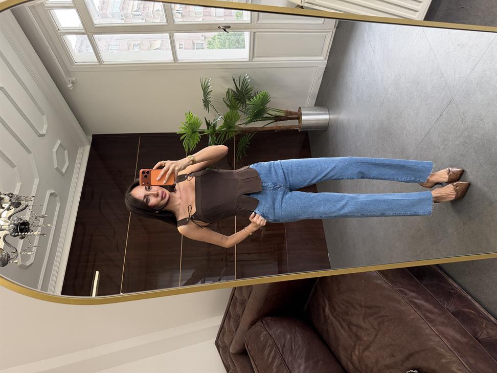 Kahve Keten Görünümlü Korse Bluz