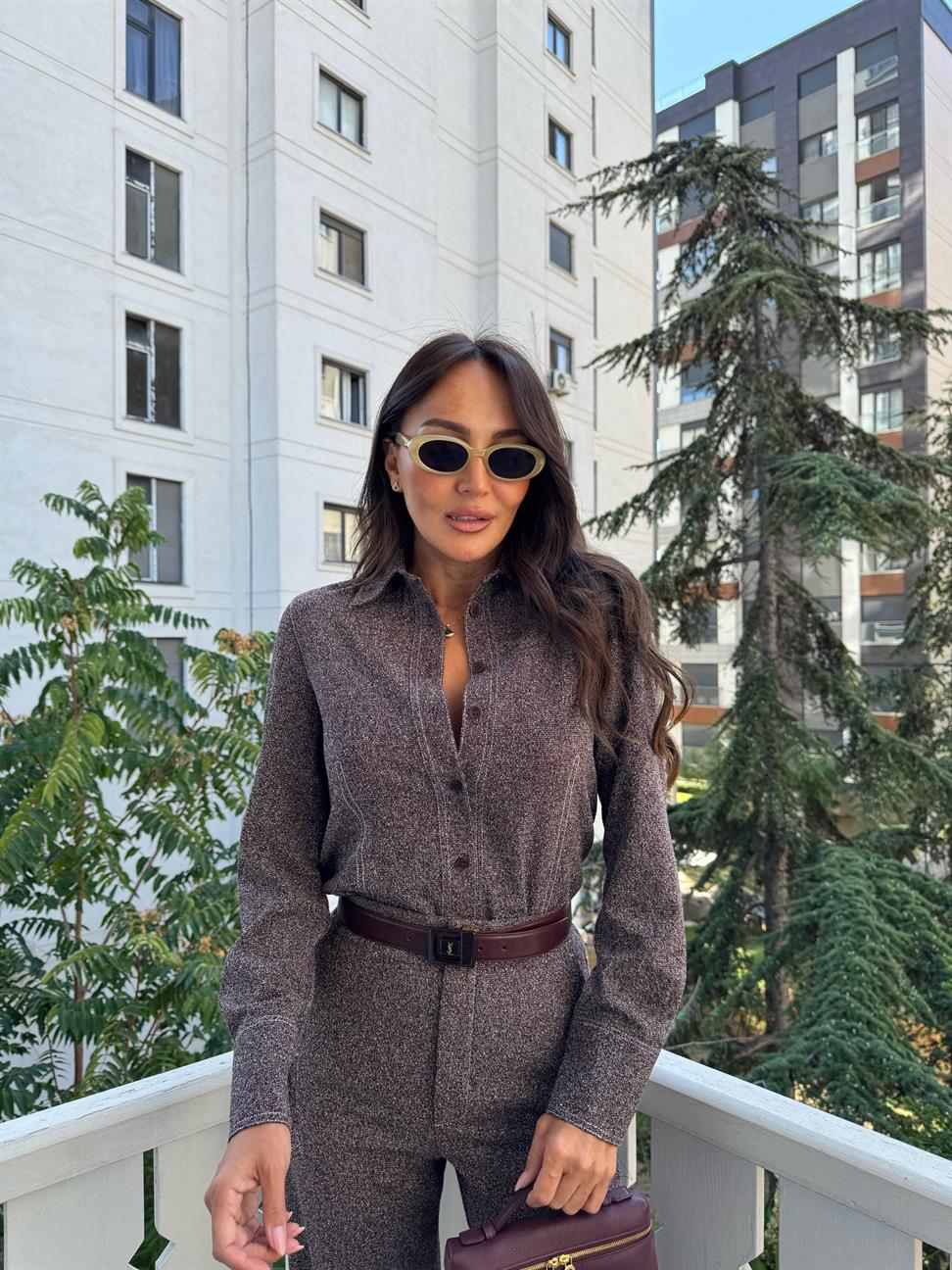 Kahve Kırçıllı Dikişli Gömlek