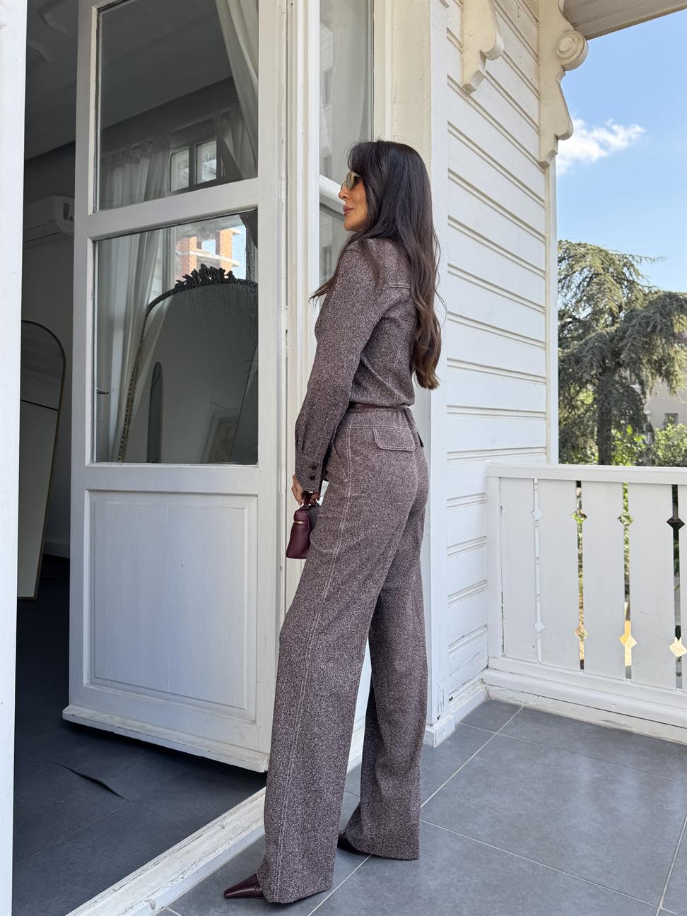 Kahve Kırçıllı Geniş Paça Kumaş Pantolon