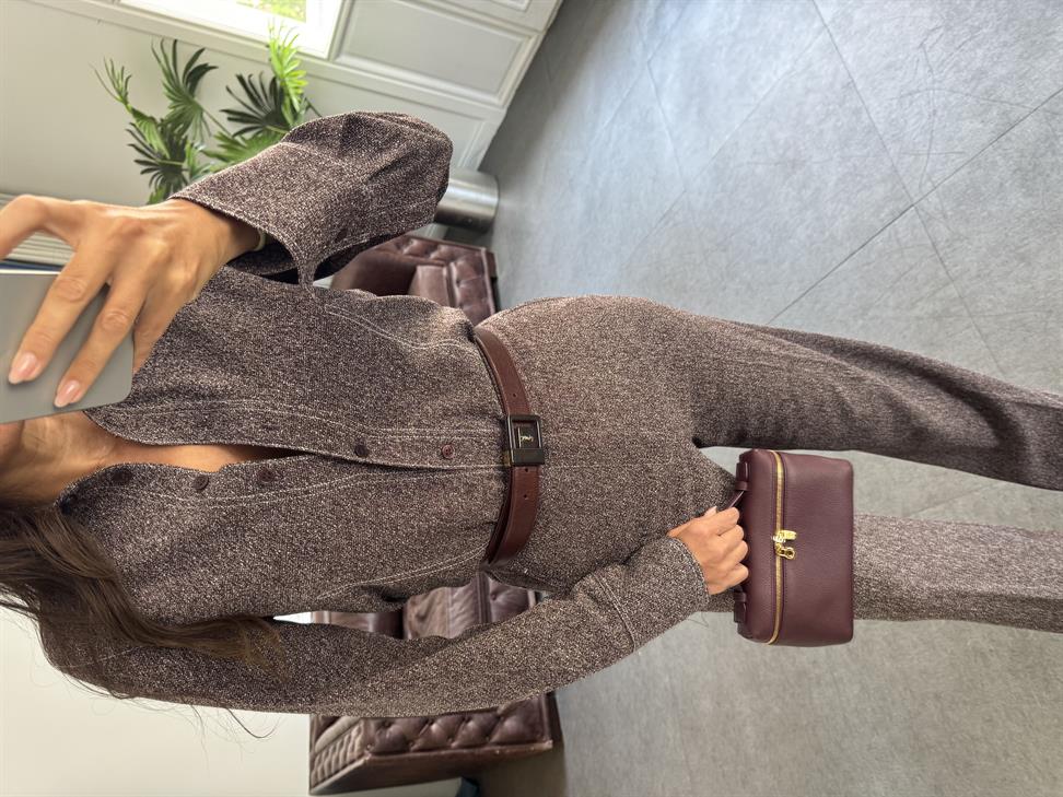 Kahve Kırçıllı Geniş Paça Kumaş Pantolon