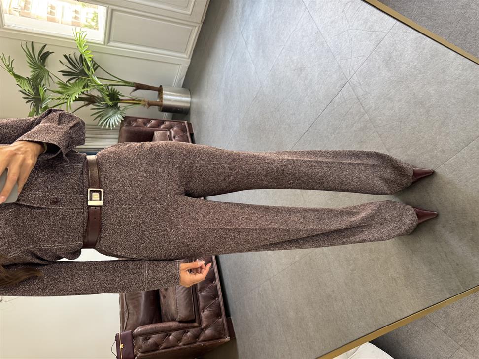 Kahve Kırçıllı Geniş Paça Kumaş Pantolon