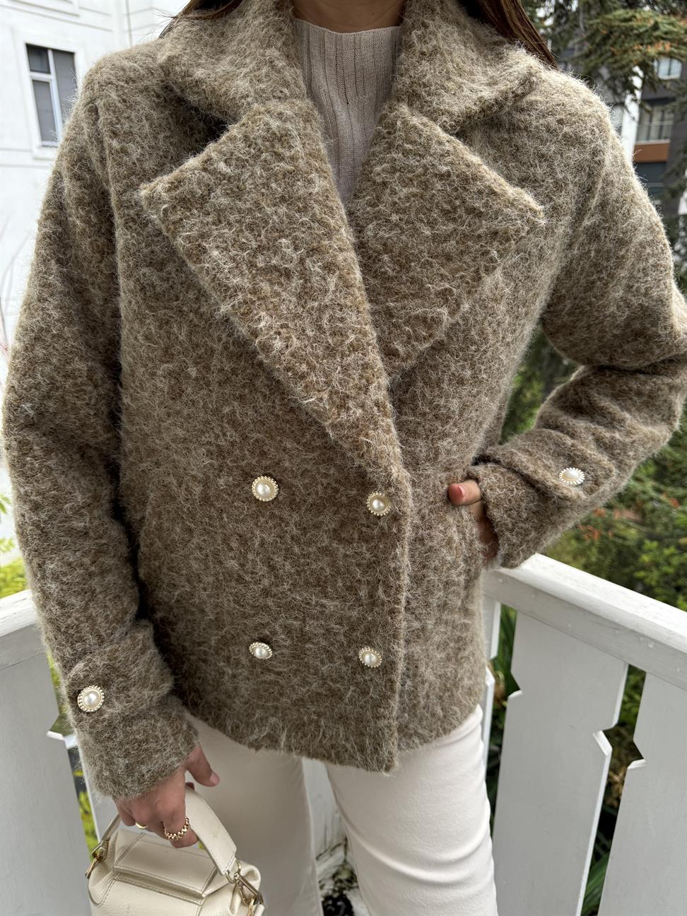 Kahve Kırçıllı İnci Düğmeli Ceket