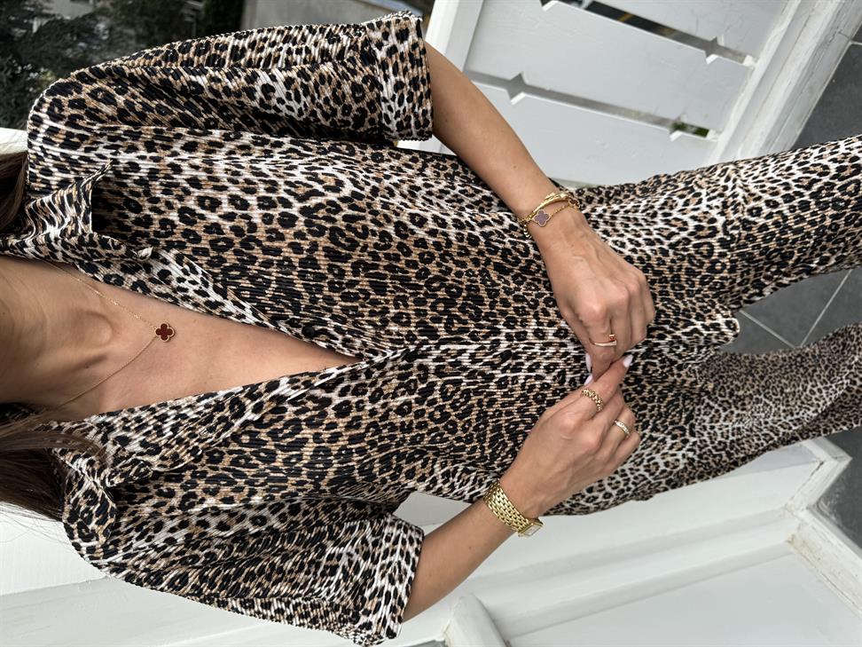 Kahve Kırınkıl Kumaş Leopar Gömlek