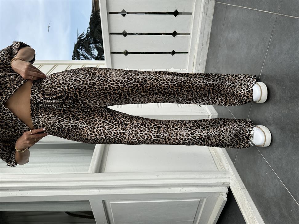 Kahve Kırınkıl Kumaş Leopar Pantolon