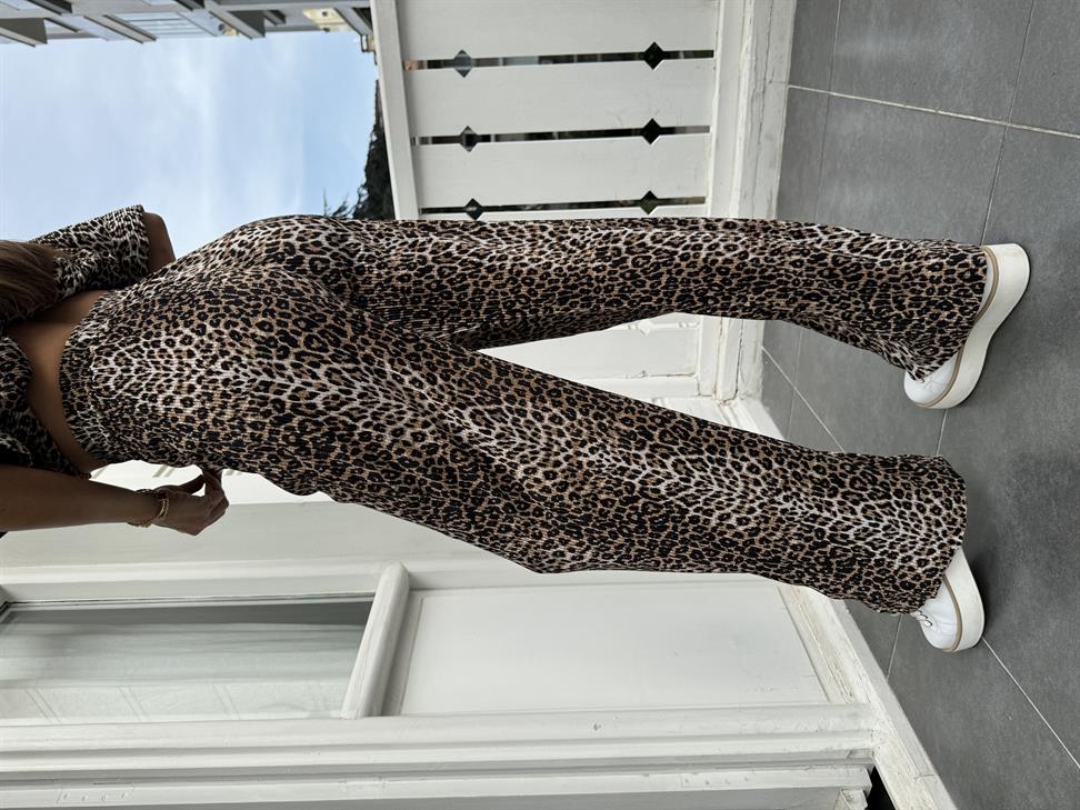 Kahve Kırınkıl Kumaş Leopar Pantolon