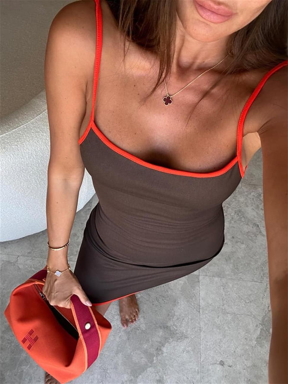 Kahve Kısa Biyeli Elbise