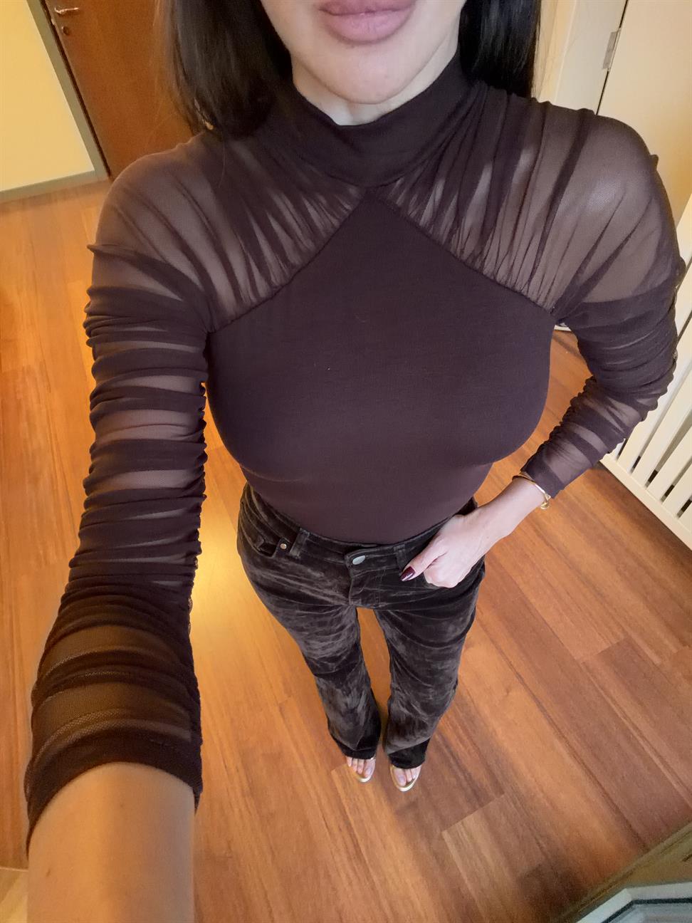 Kahve Kolları Tül Ribanalı Bluz