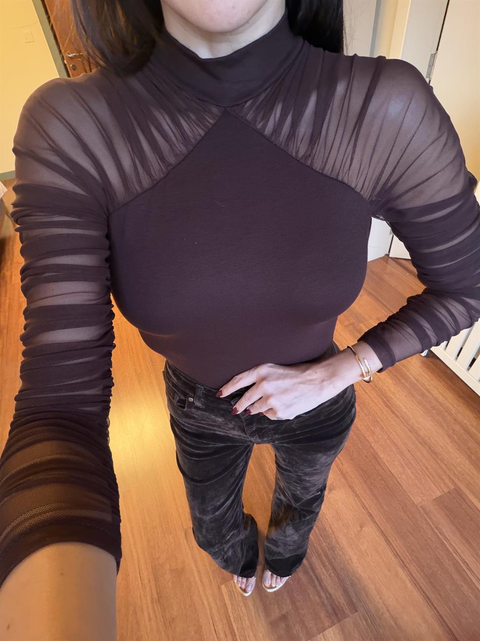 Kahve Kolları Tül Ribanalı Bluz