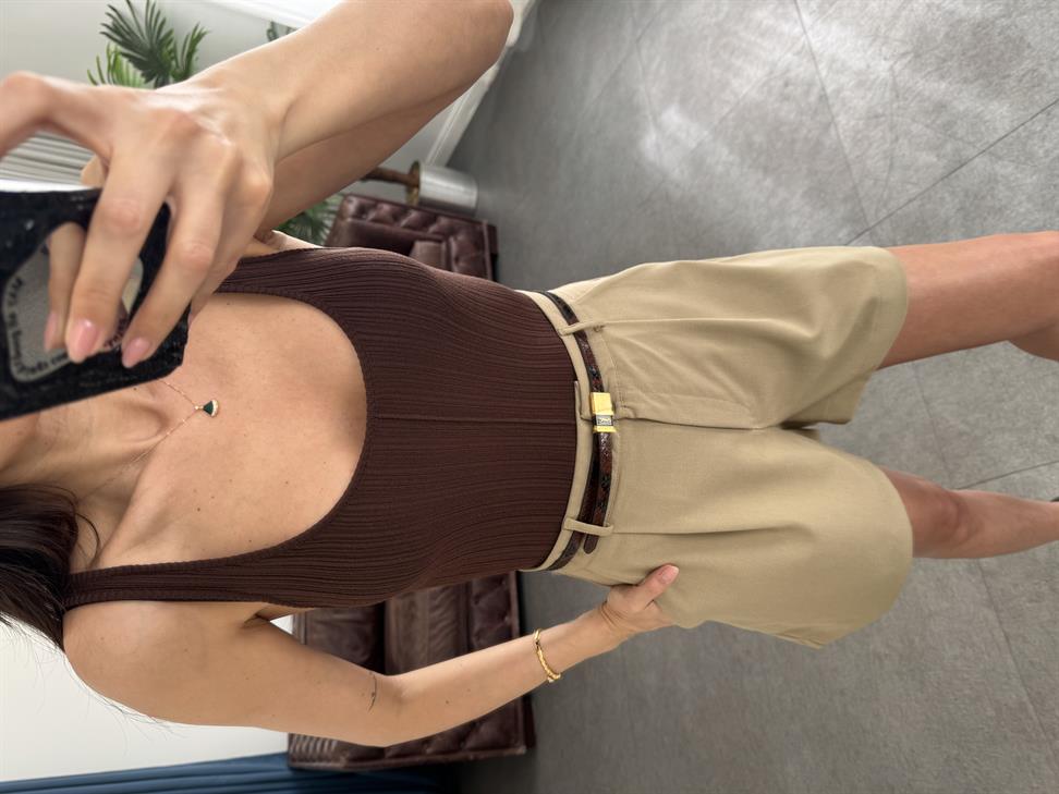 Kahve Kolsuz İnce Dokulu Triko Bluz