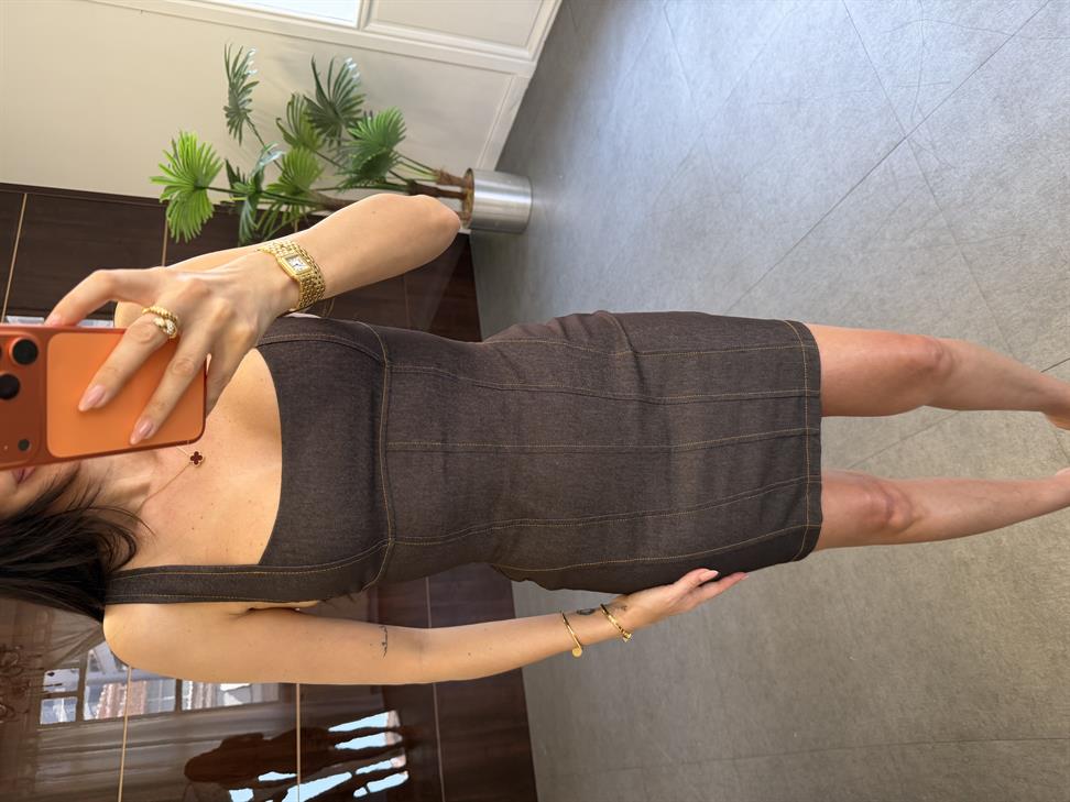 Kahve Korse Model Gabardin Denim Elbise