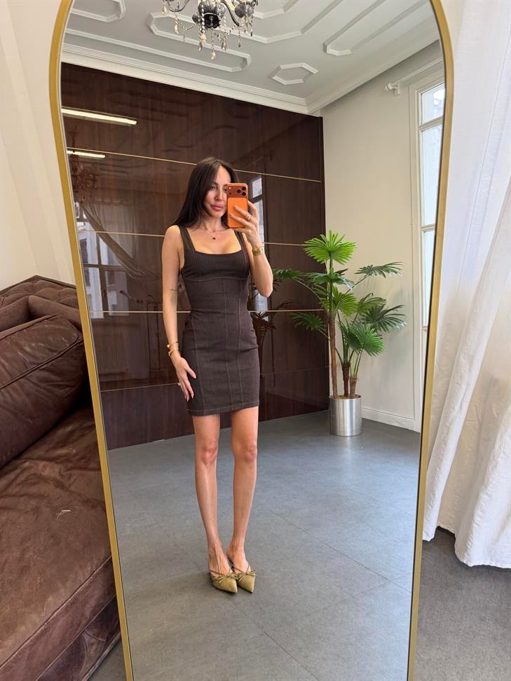 Kahve Korse Model Gabardin Denim Elbise