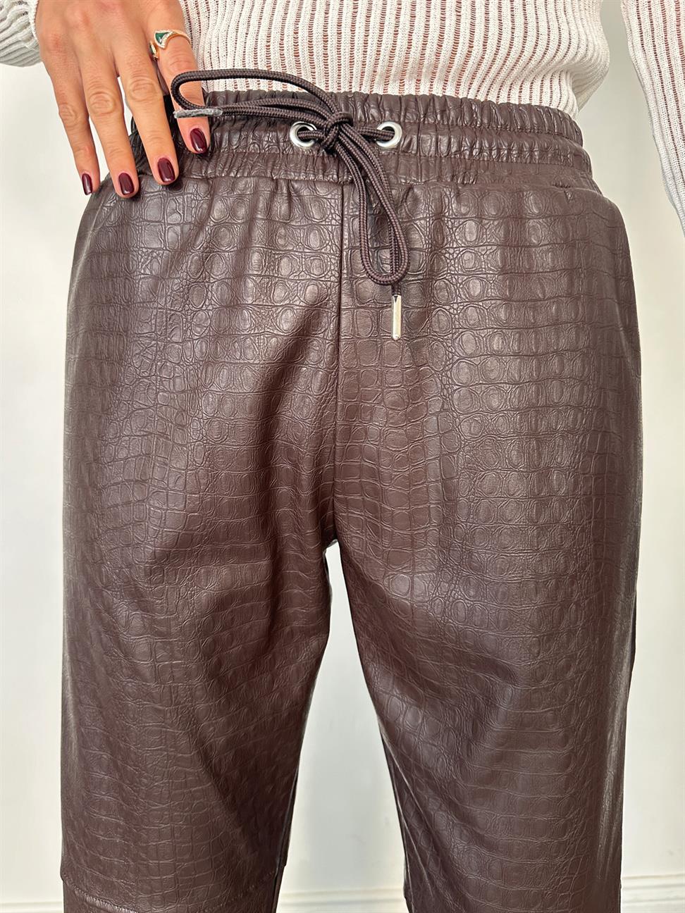 Kahve Krokodil Çimalı Deri Pantolon