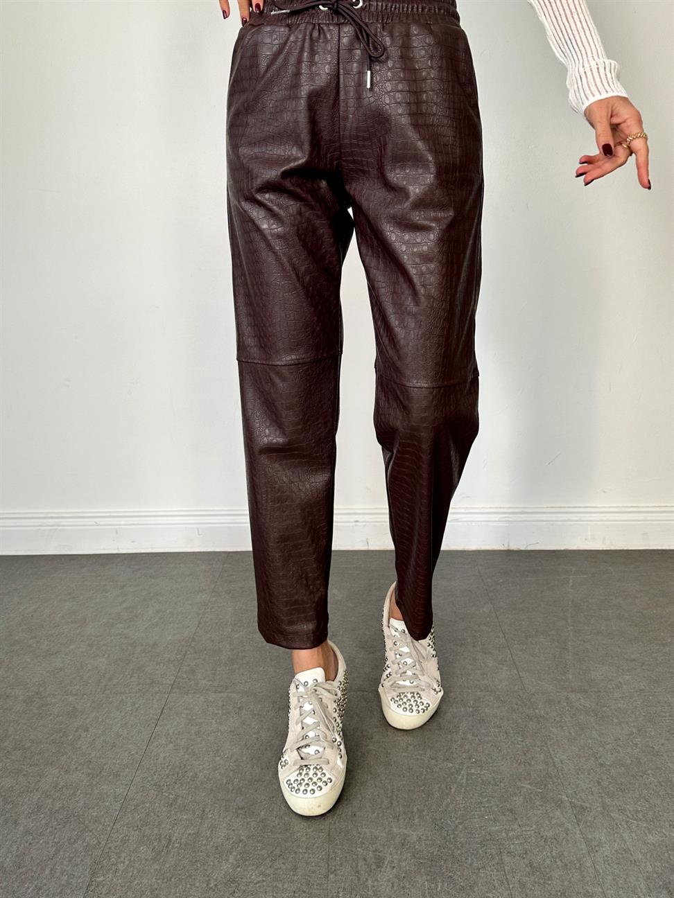 Kahve Krokodil Çimalı Deri Pantolon