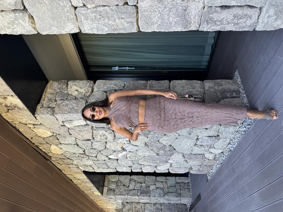 Kahve Kroşe Halter Yaka Bluz Takım