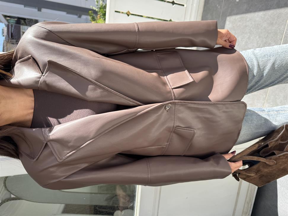 Kahve Tek Düğmeli Deri Blazer Ceket