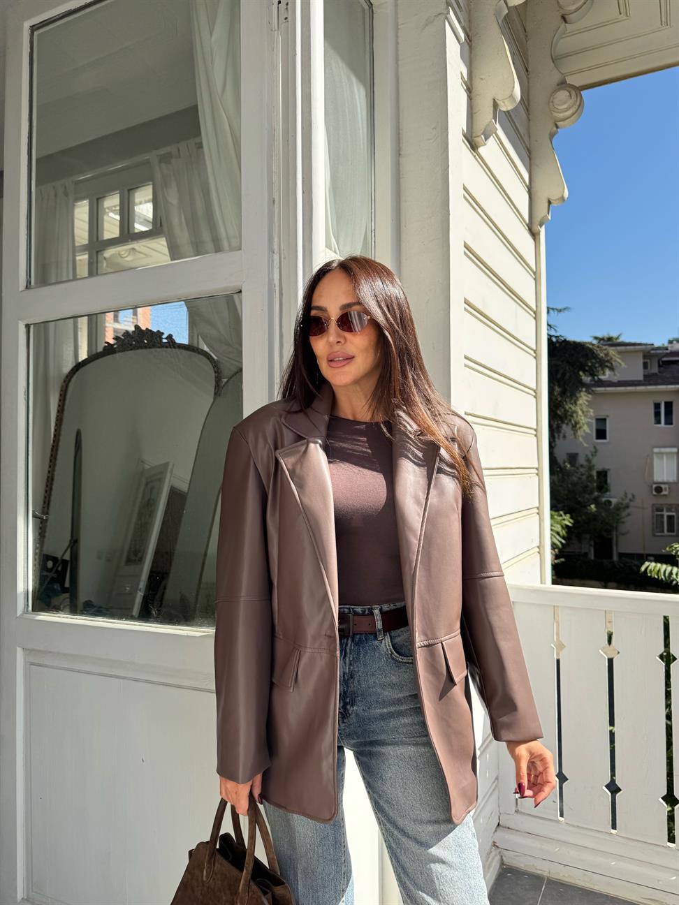 Kahve Tek Düğmeli Deri Blazer Ceket