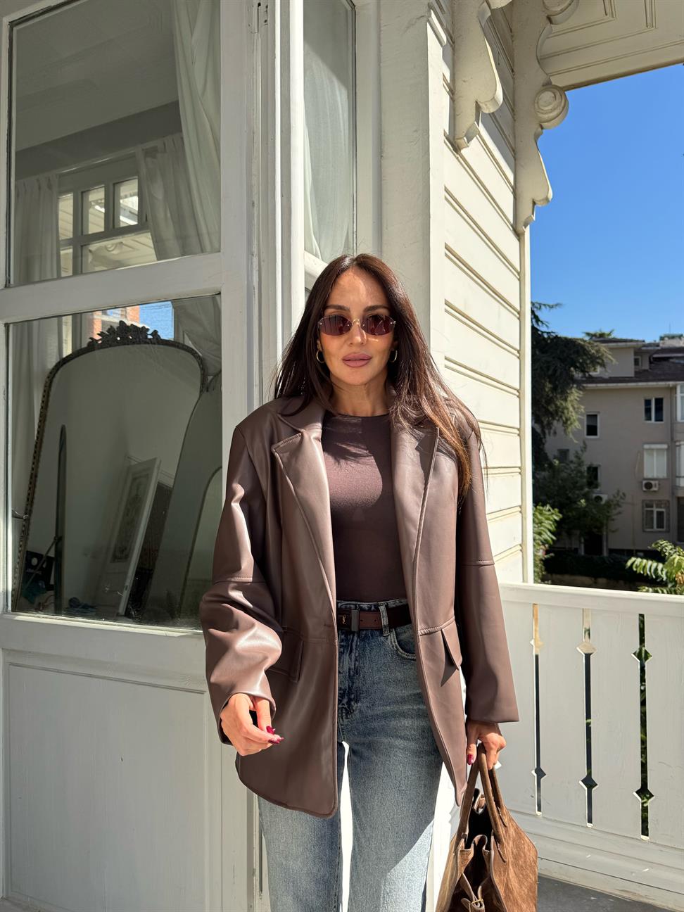 Kahve Tek Düğmeli Deri Blazer Ceket