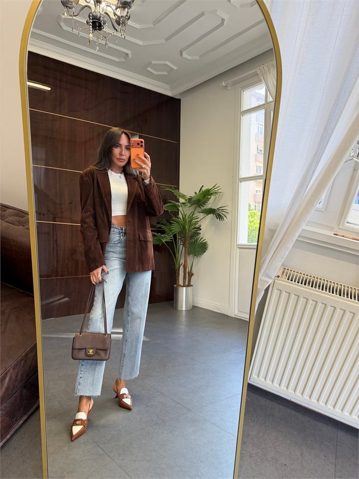 Kahve Kuşaklı Süet Blazer Ceket