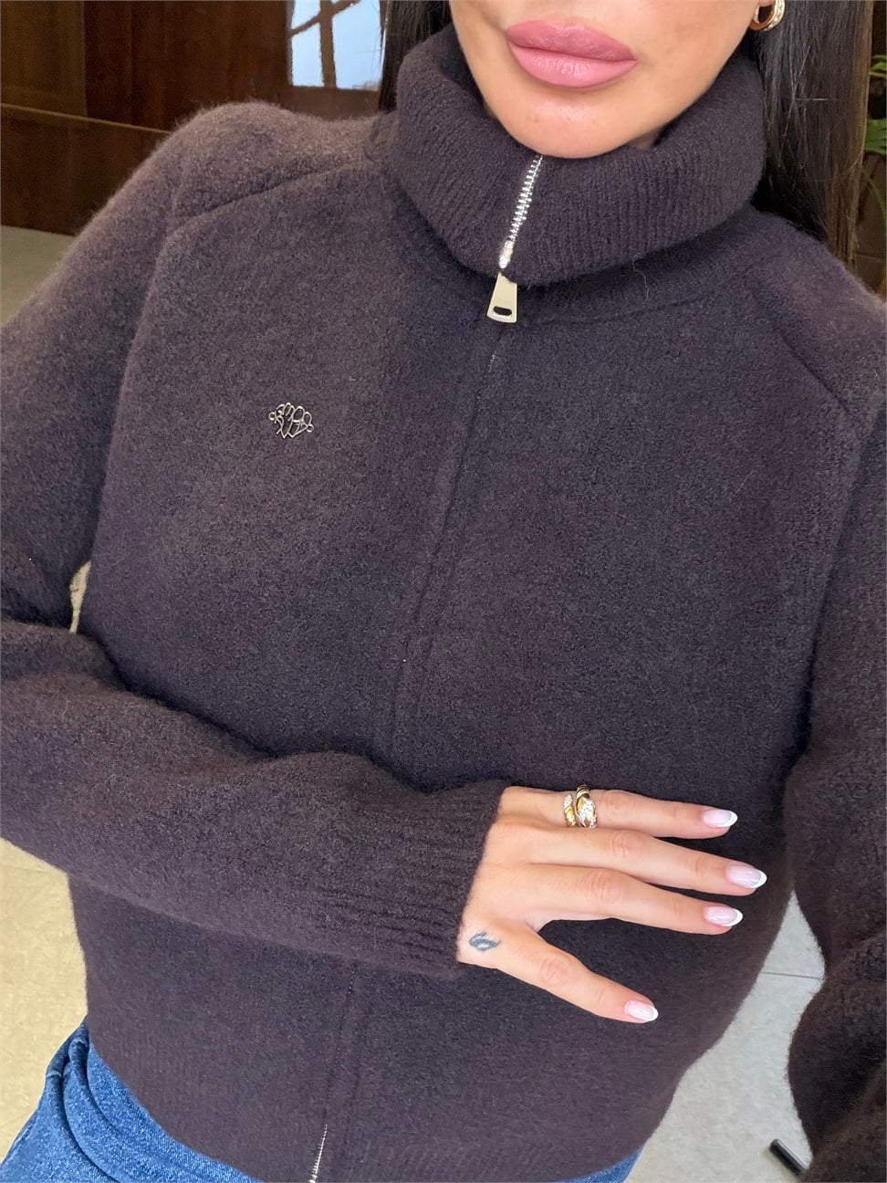 Kahve Lena Çift Fermuarlı Hırka