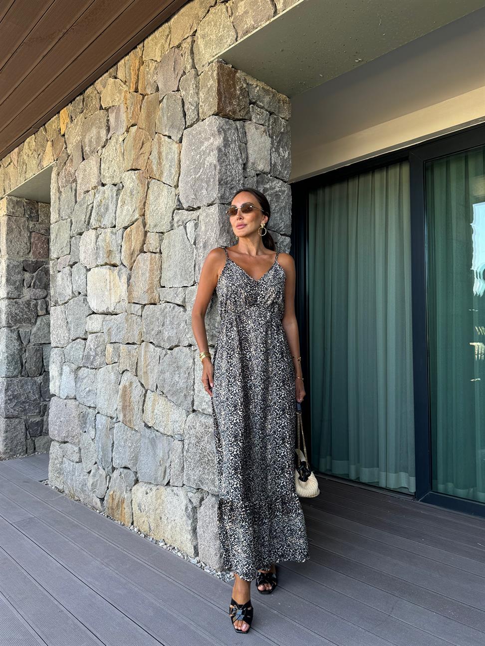 Kahve Leopar Askı Bağlamalı Maxi Boy Elbise