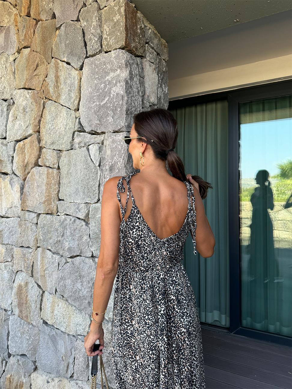 Kahve Leopar Askı Bağlamalı Maxi Boy Elbise