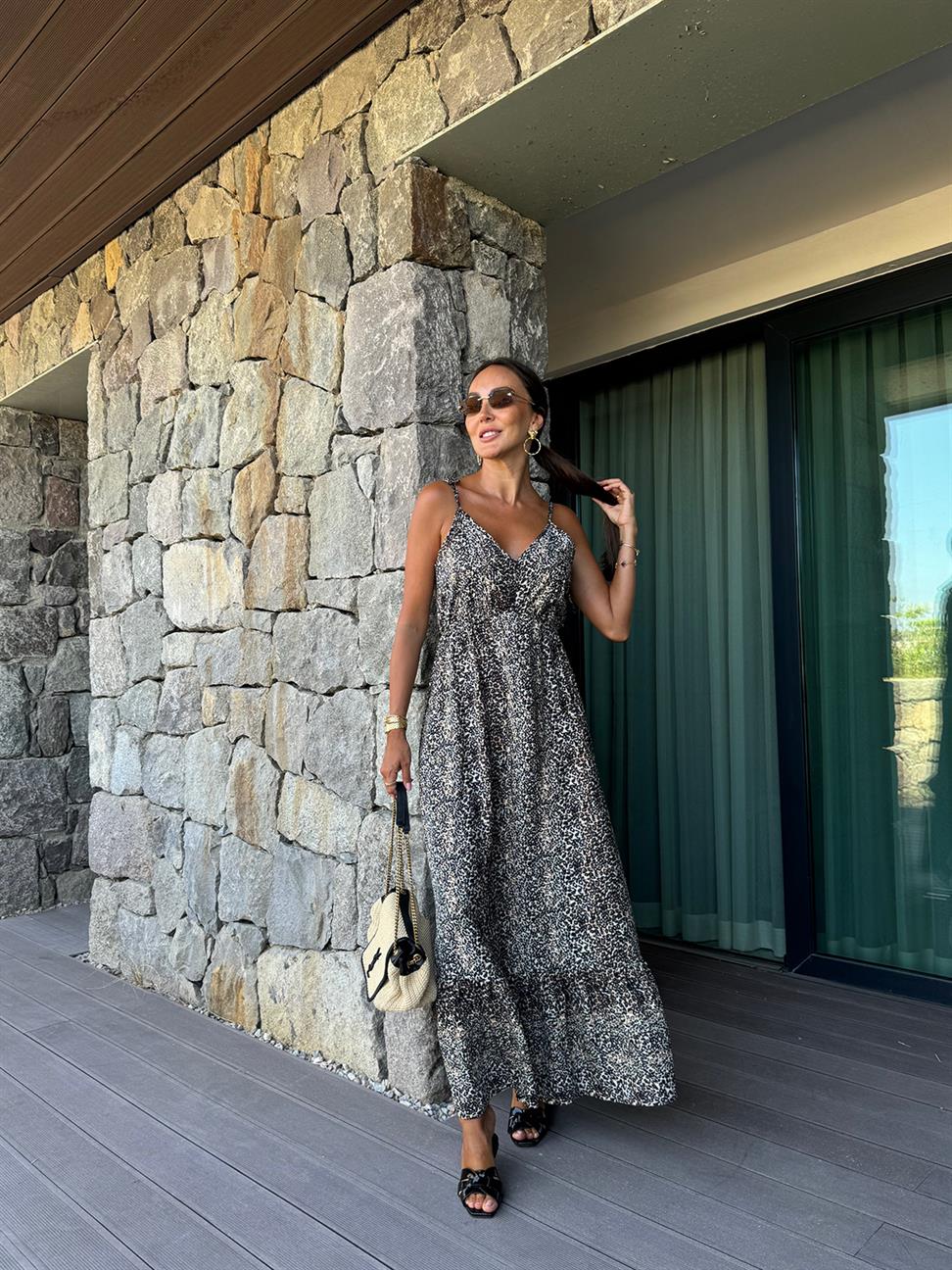 Kahve Leopar Askı Bağlamalı Maxi Boy Elbise