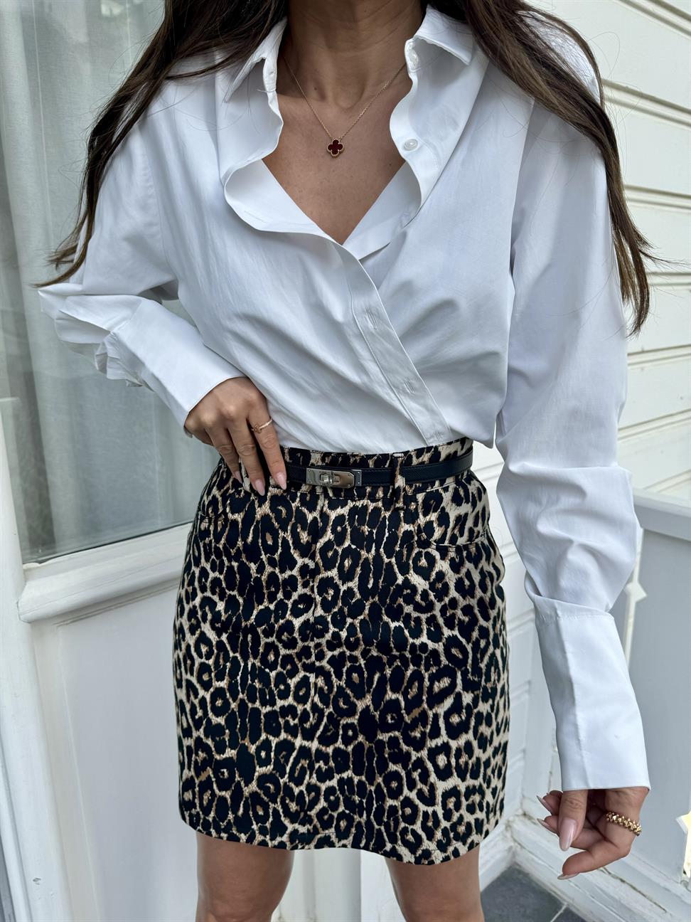 Kahve Leopar Desen Mini Etek