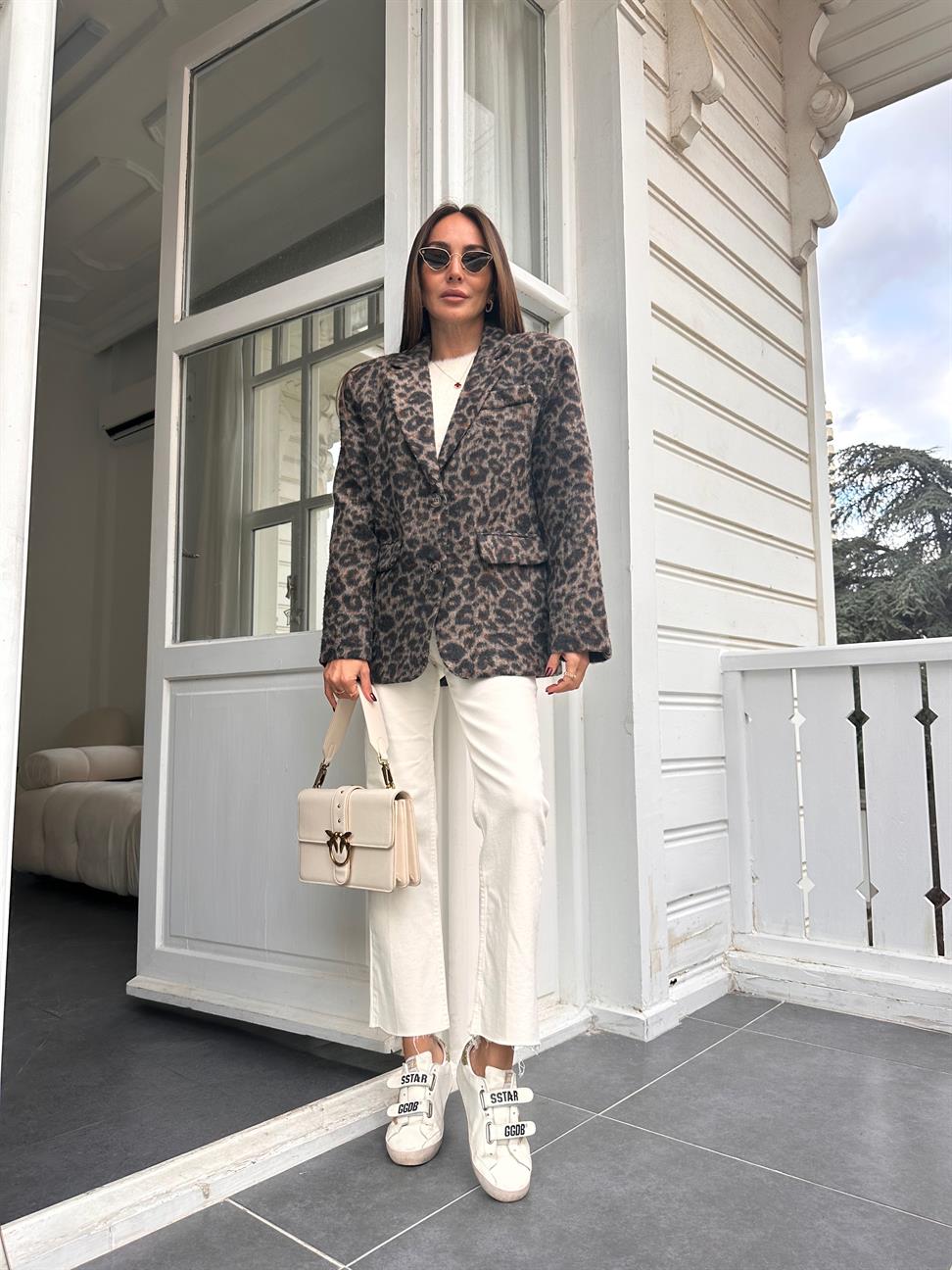 Kahve Leopar Desen Oversize Ceket