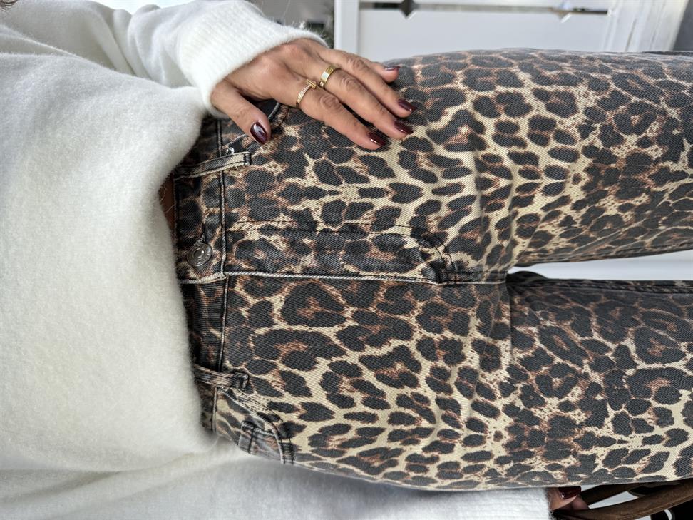 Kahve Leopar Desenli Straight Jean