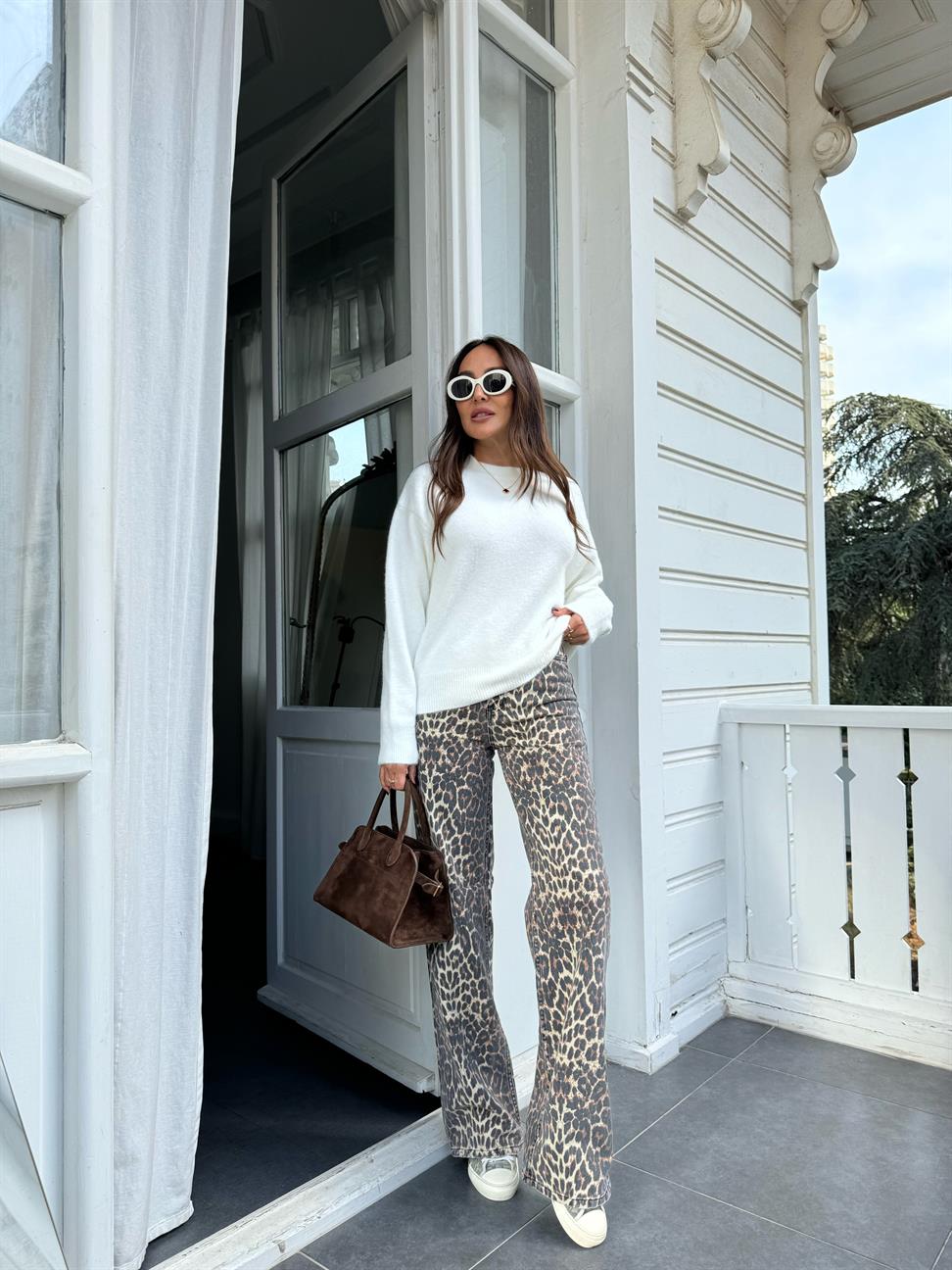 Kahve Leopar Desenli Straight Jean