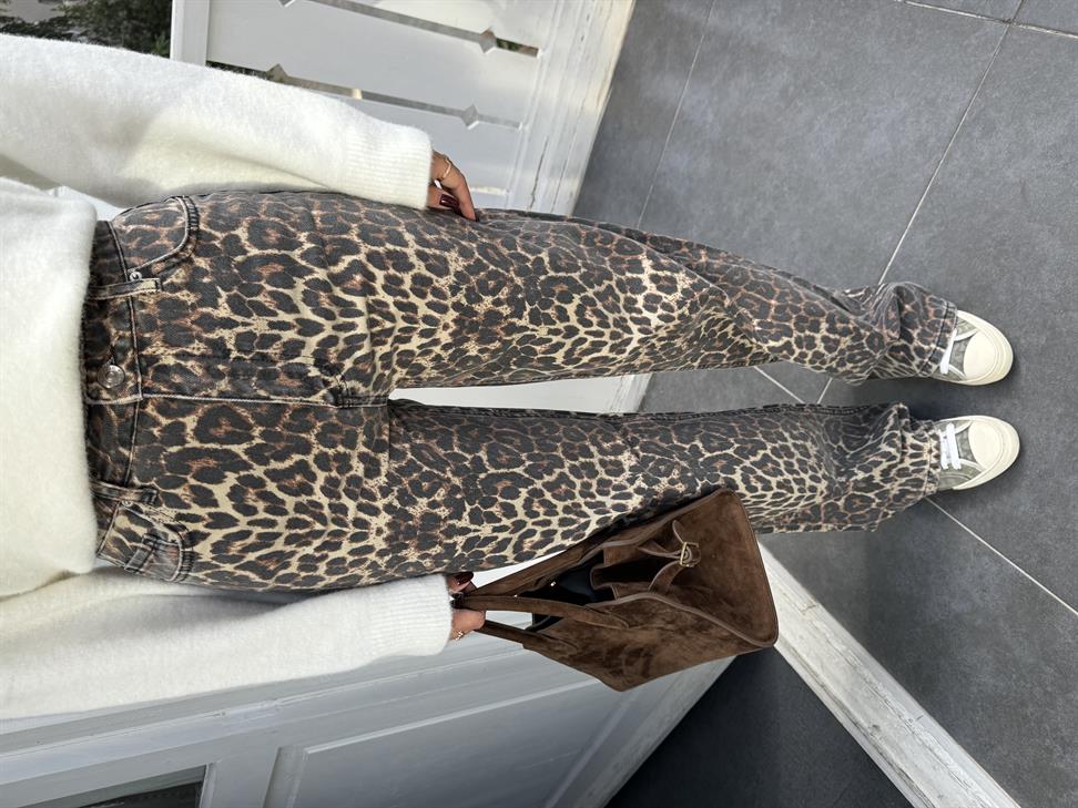 Kahve Leopar Desenli Straight Jean