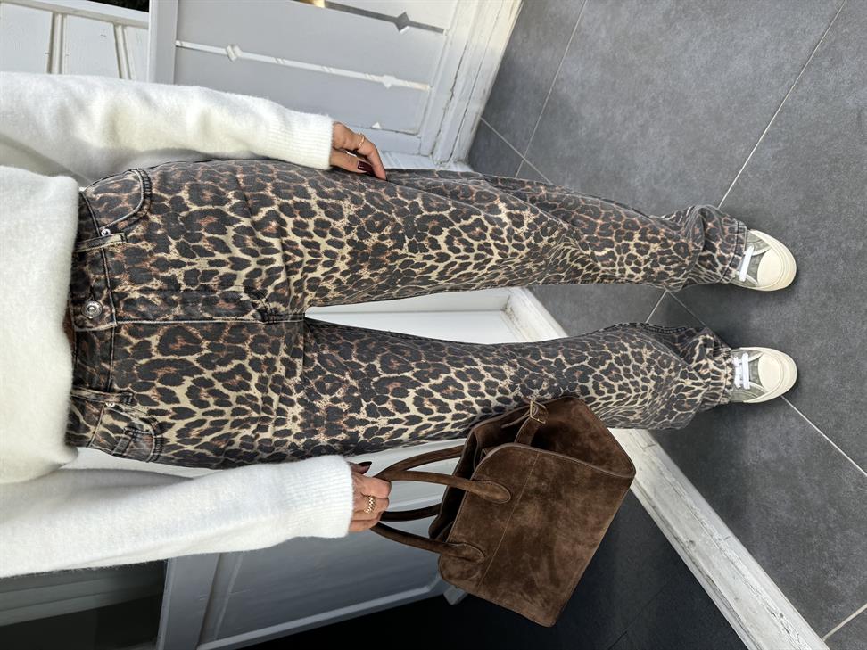 Kahve Leopar Desenli Straight Jean