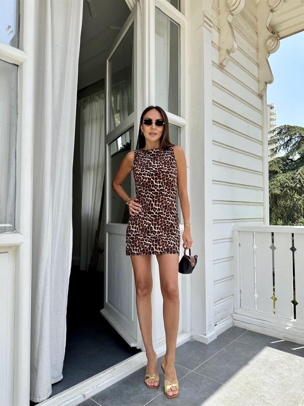 Kahve Leopar Kolsuz Elbise