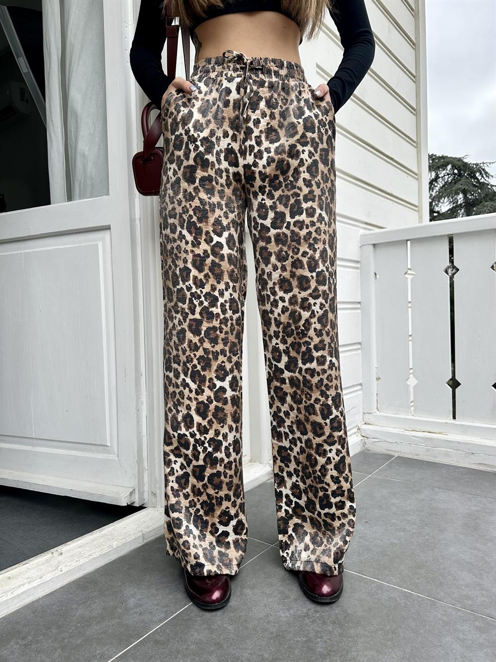Kahve Leopar Saten Pantolon