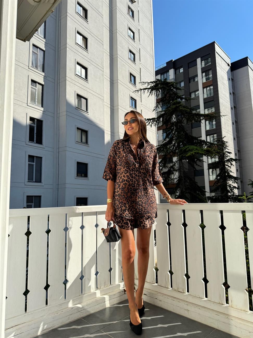 Kahve Leopar Şort Takım