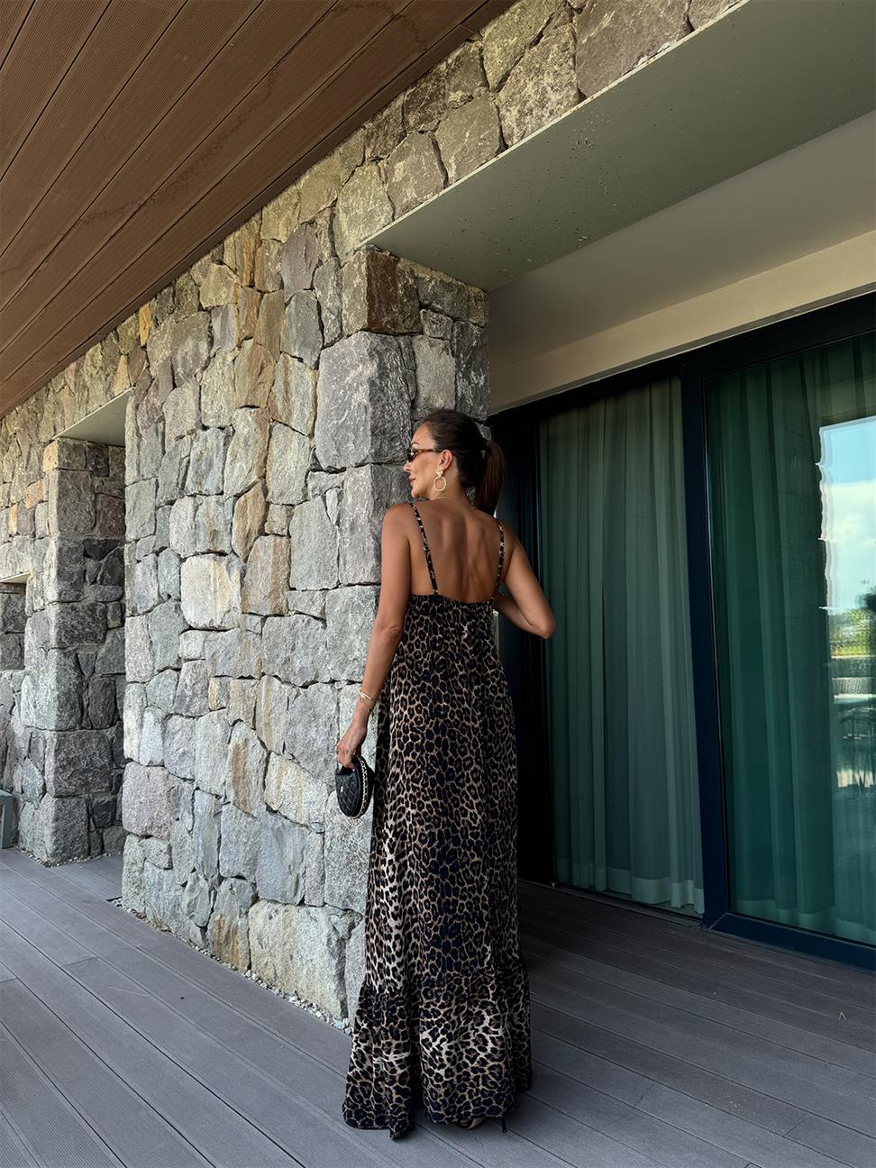 Kahve Leopar Volanlı Maxi Boy Elbise