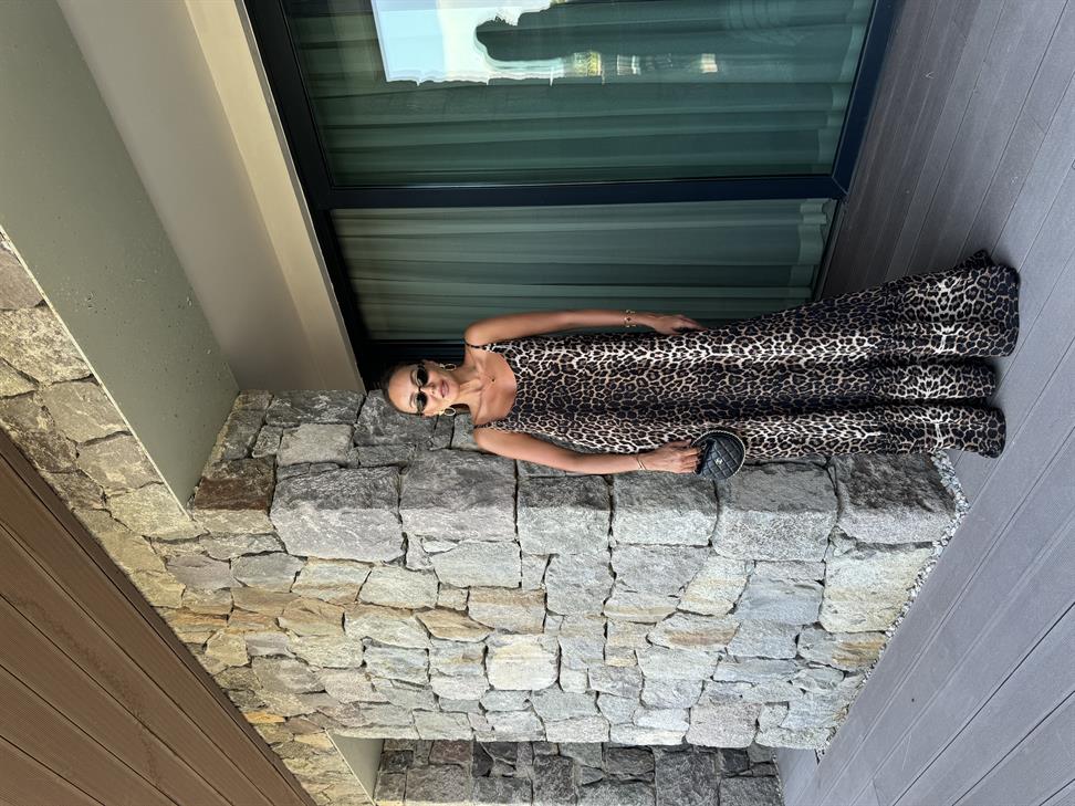 Kahve Leopar Volanlı Maxi Boy Elbise