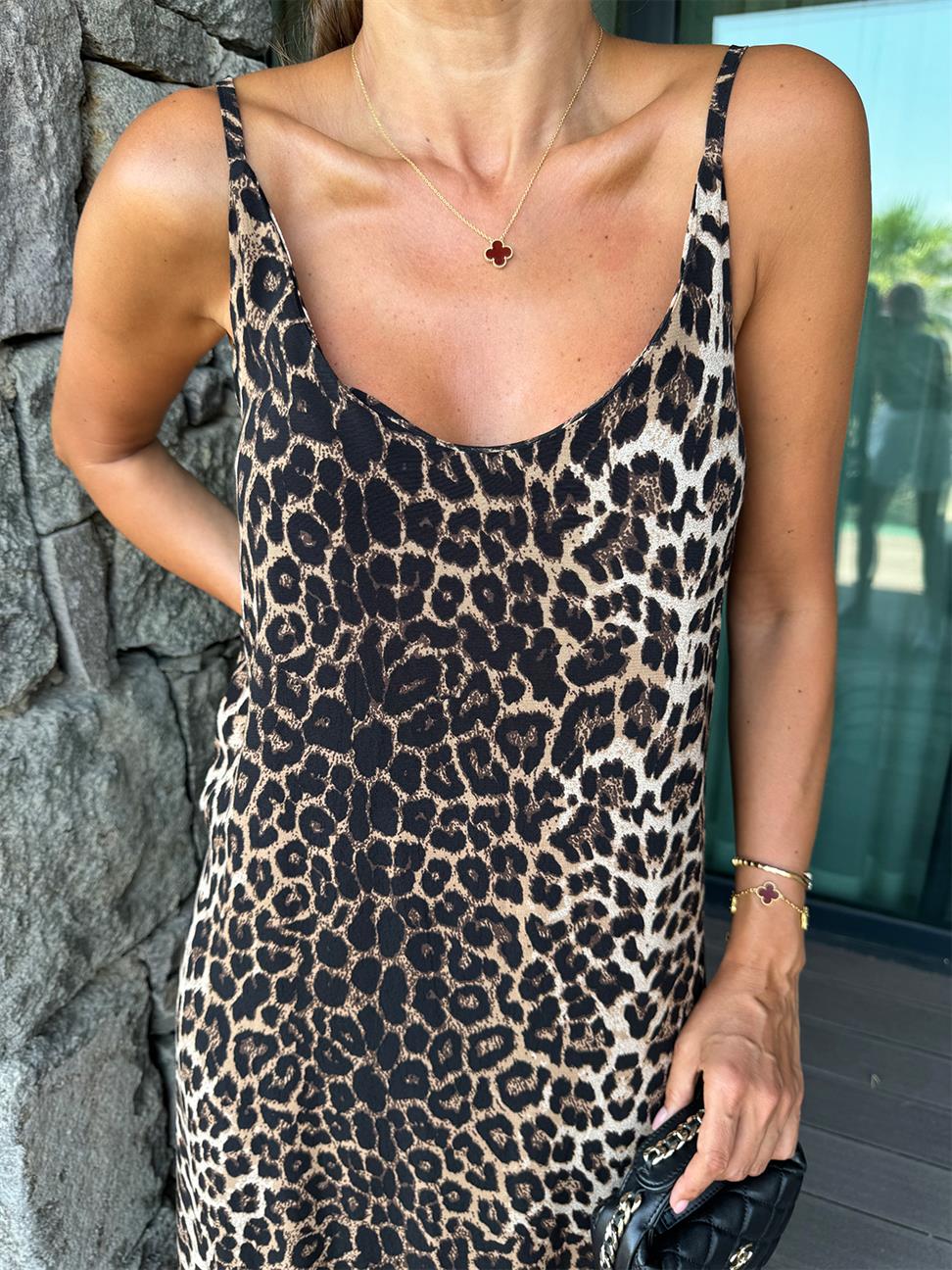 Kahve Leopar Volanlı Maxi Boy Elbise