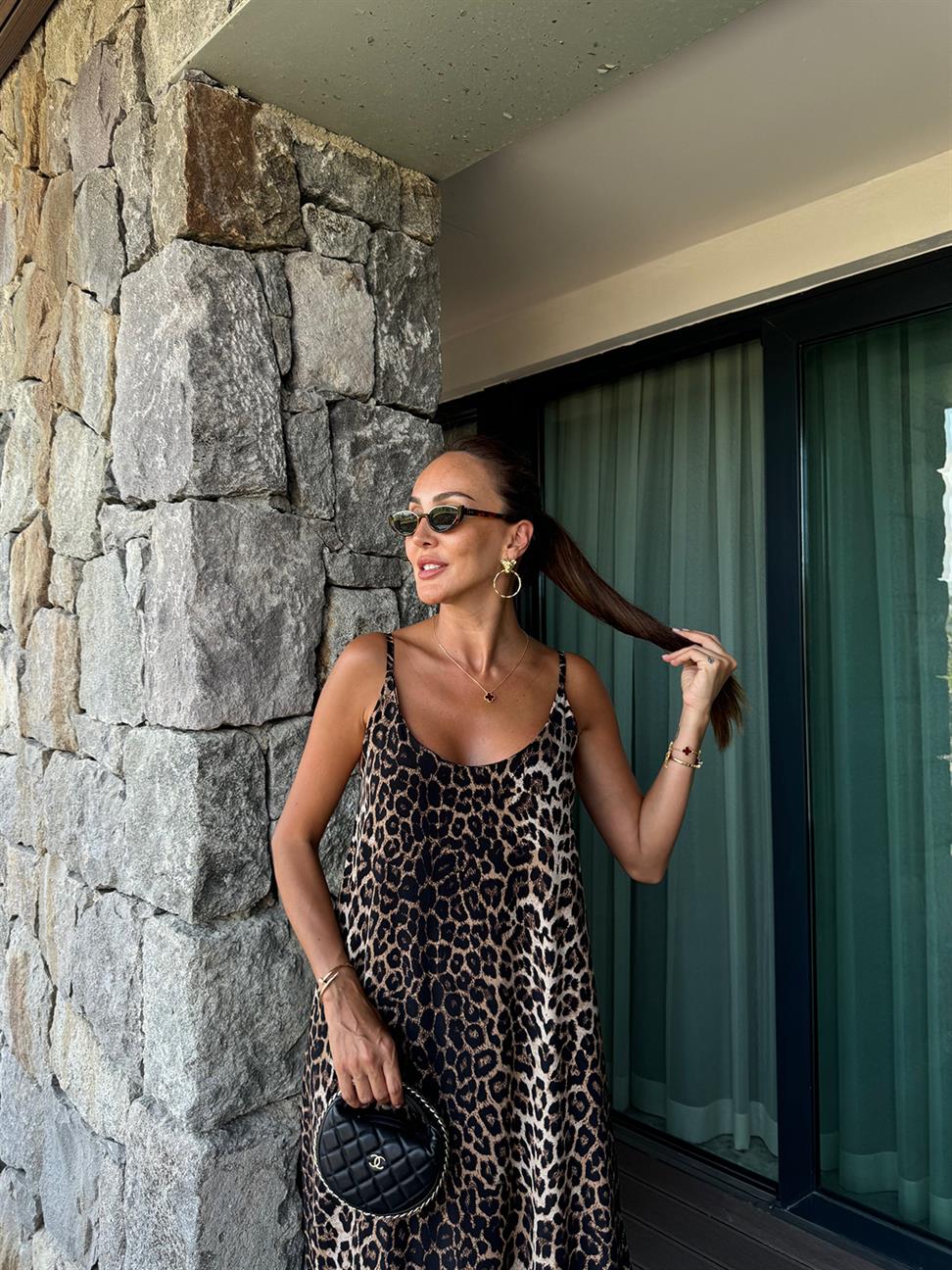 Kahve Leopar Volanlı Maxi Boy Elbise