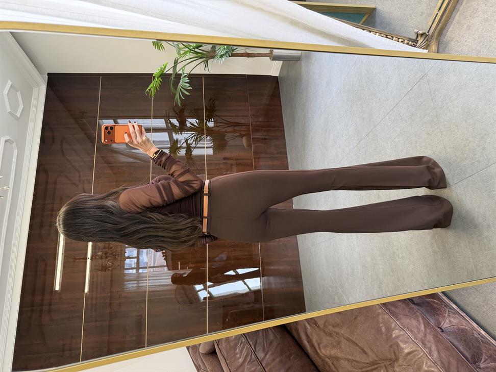 Kahve Likralı İspanyol Paça Kumaş Pantolon